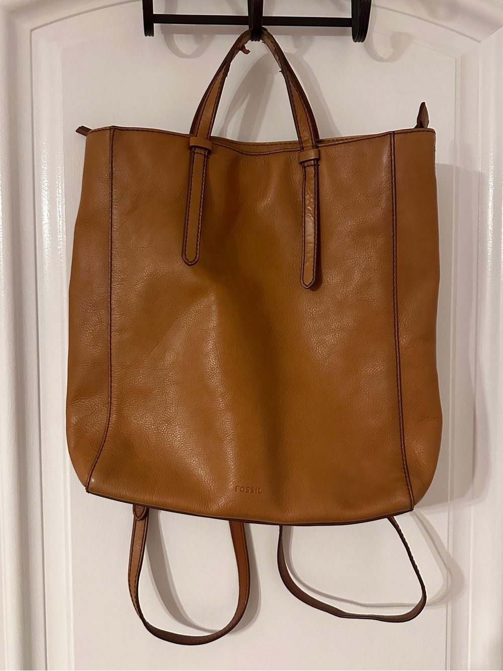 Fossil cowhide tan leather tote bag backpack